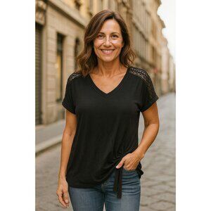 Westbound Crochet Top Shoulder Tie Hem Black M Modal Blend Casual Chic